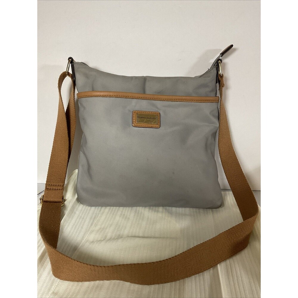 Tommy Hilfiger Gray/Brown Nylon & Leather Crossbody Bag